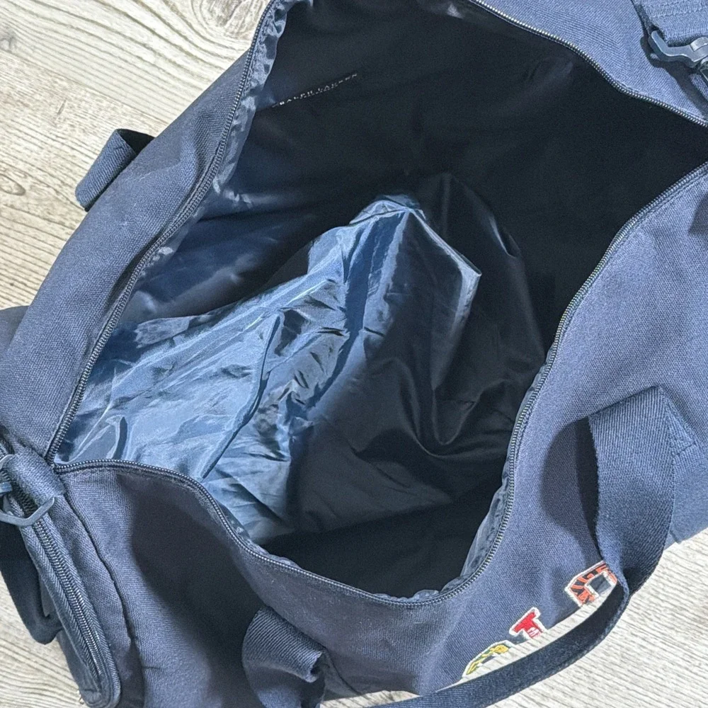 Polo Ralph Lauren Duffle Bag Navy Blue Spell Out Logo Gym Travel Shoulder Bag